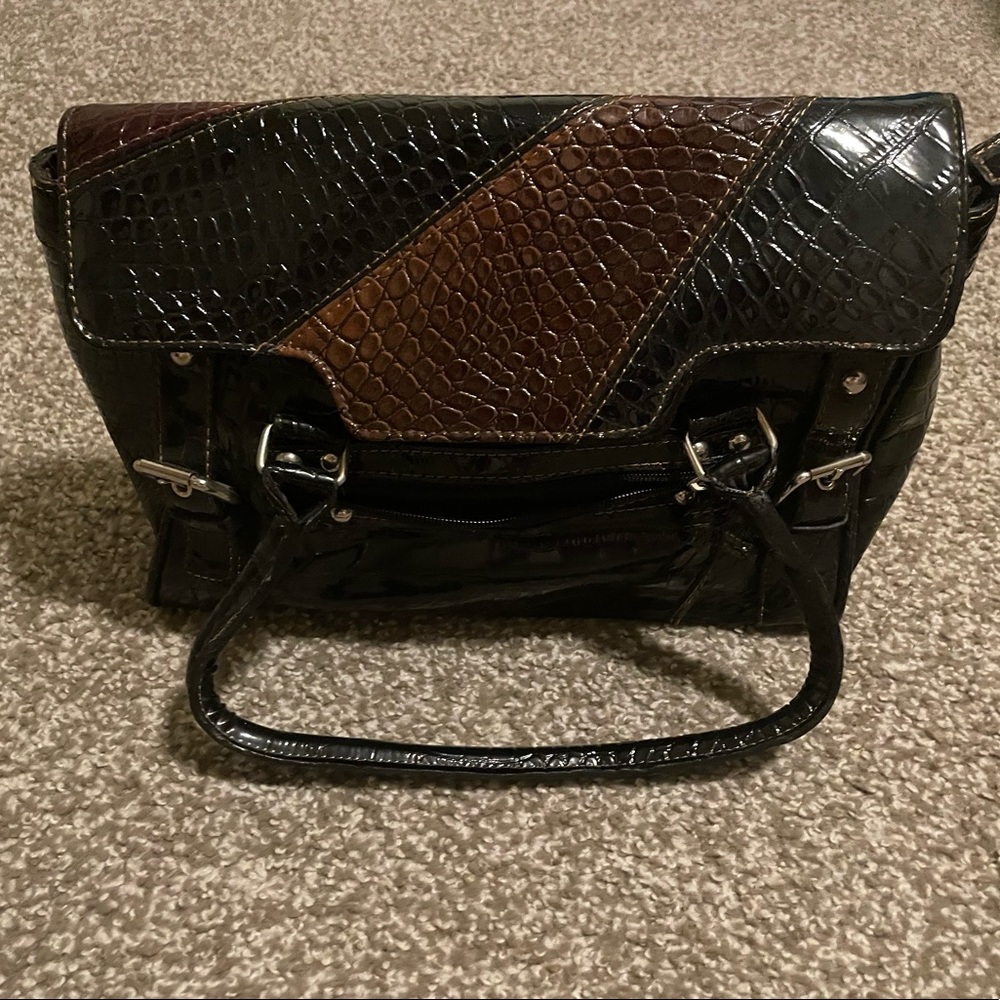 Faux snakeskin brown, black and red handbag